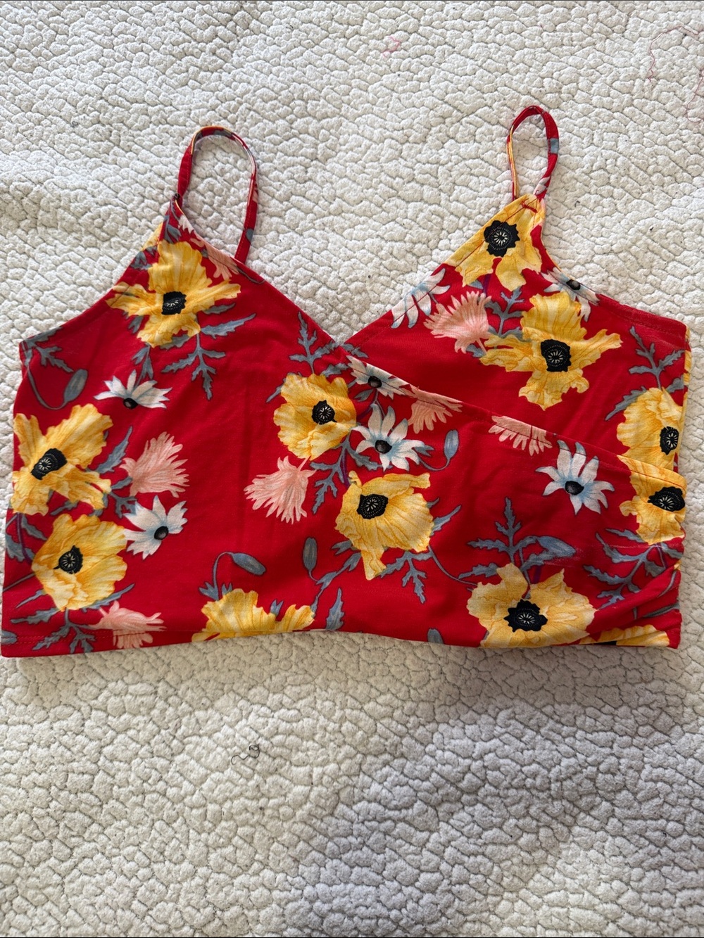 Brandy Melville Red Floral V-Neck Cami with Yellow Blooms